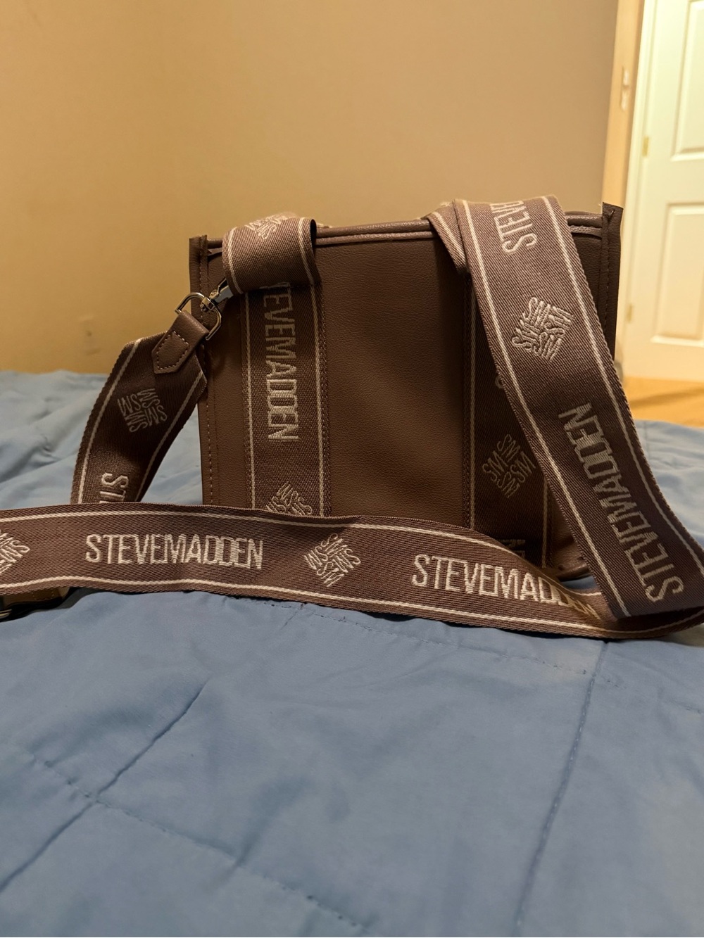 Steve Madden Brown Taupe Crossbody Satchel with Branded Strap